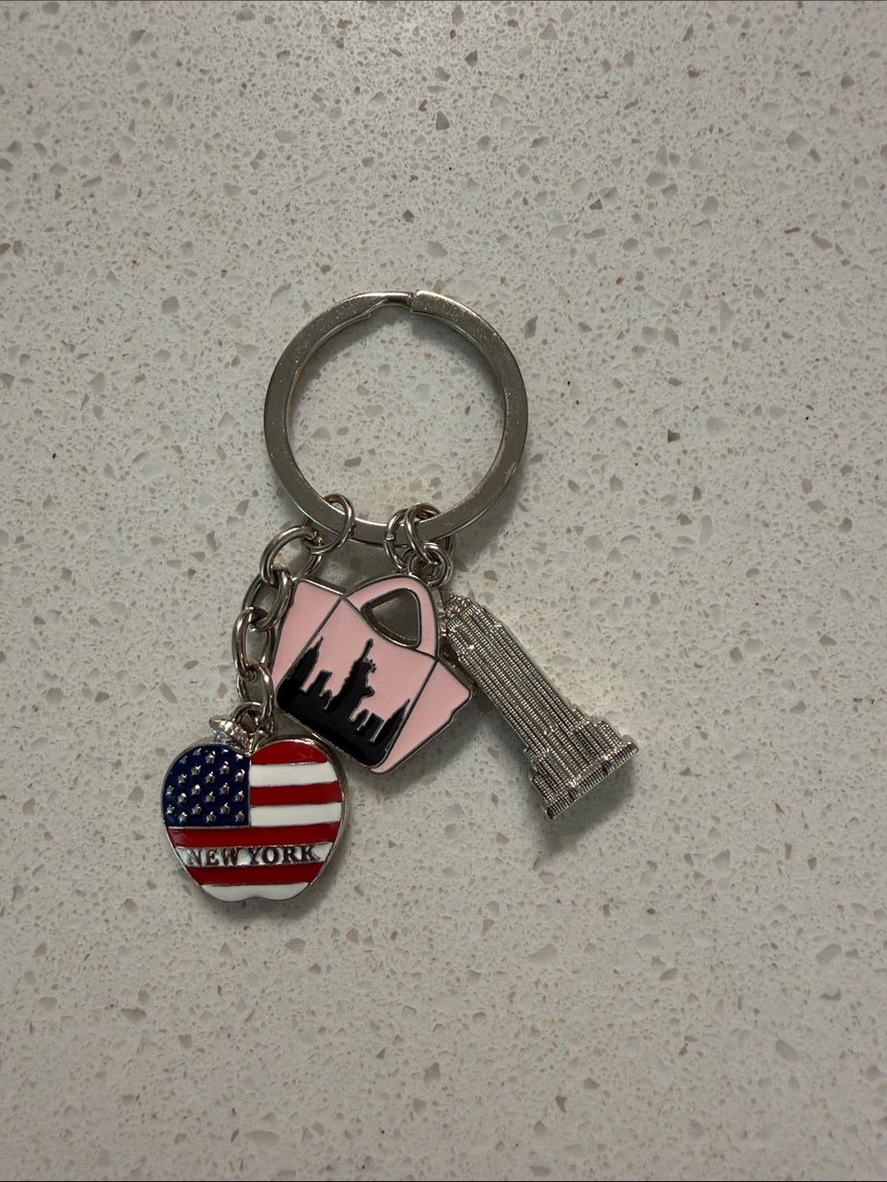 New York Charm Keychain with Pink Handbag and Flag Heart